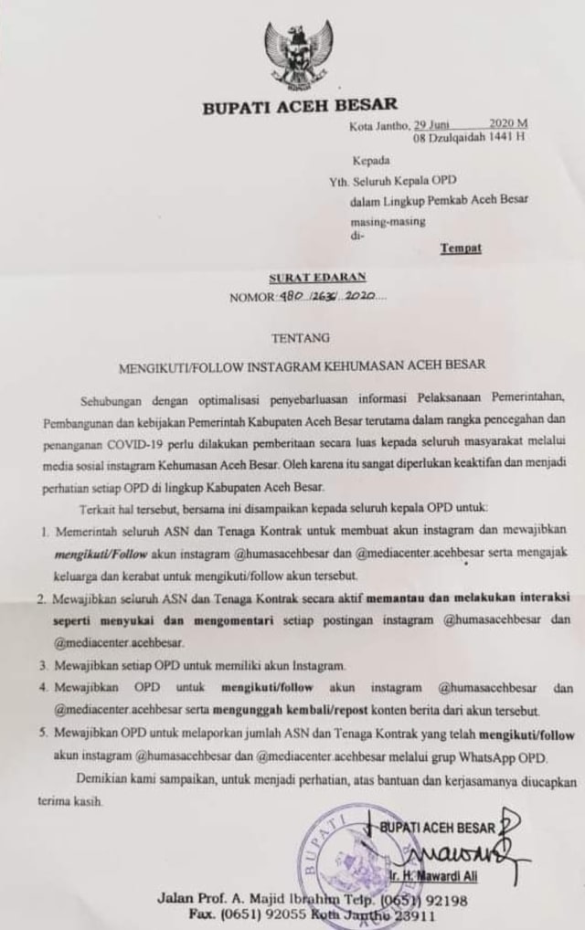Surat Edaran (SE) meminta seluruh ASN dan Tenaga Kontrak di Lingkungan Pemerintah Aceh Besar untuk memiliki akun instagram pribadi. Foto: Dok. Istimewa 