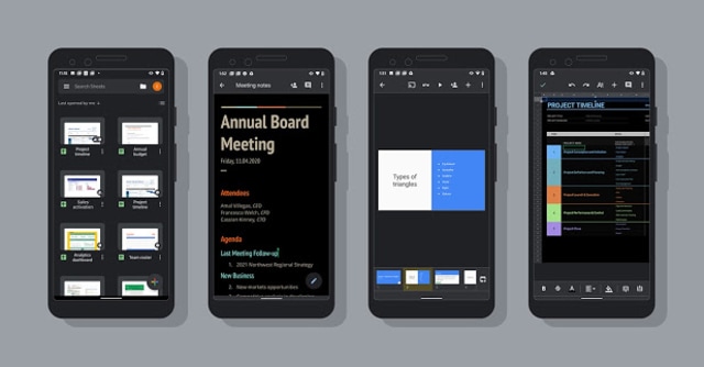 Aplikasi Google Docs, Sheets, dan Slides di Android kini memiliki fitur tampilan mode gelap atau dark mode. Foto: Google