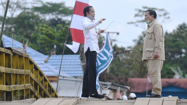 Presiden Joko Widodo (kiri) didampingi Menhan Prabowo Subianto meninjau lahan yang akan dijadikan Food Estate atau lumbung pangan baru di Pulang Pisau, Kalteng. Foto: Hafidz Mubarak A/ANTARA FOTO