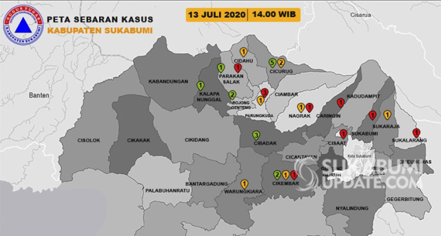 Peta sebaran kasus Covid-19 Kabupaten Sukabumi Senin (13/7/2020). | Sumber Foto:Istimewa