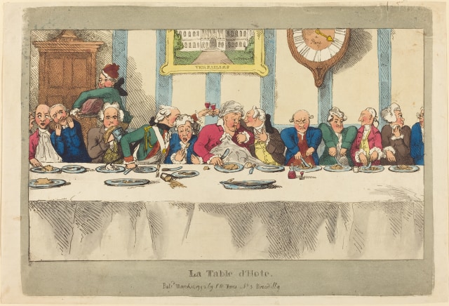 Lukisan La Table d'Hote karya Thomas Rowlandson pada 1792, yang menggambarkan konsep restoran Table d'Hote dari Perancis pada abad ke-15. Pada saat itu hotel membuka restoran pukul 1 siang, menu dipilih oleh juru masak, dan pelanggan harus membayar agar dapat makanan. Foto: Wikimedia Commons.  