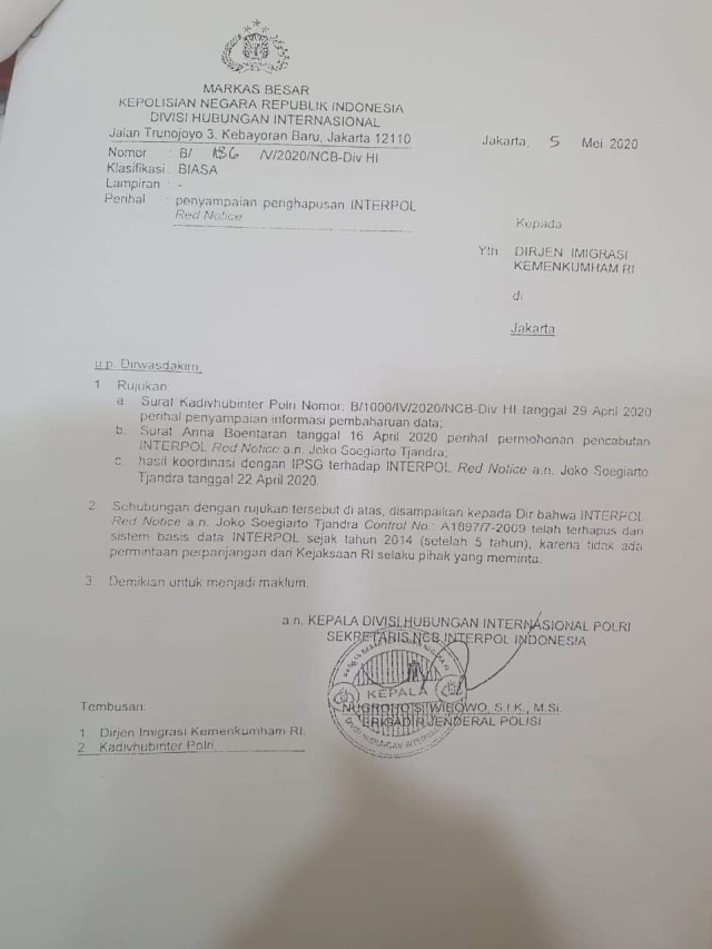 Surat penghapusan red notice Djoko Tjandra yang beredar. Foto: Istimewa