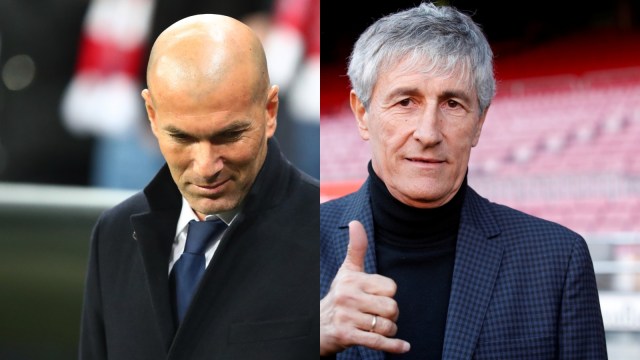 Zinedine Zidane dan Quique Setien. Foto: Reuters/Michael Dalder & Albert Gea