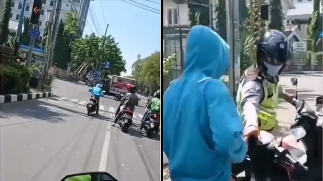 Pengendara motor ini terciduk polisi karena tak pakai helm. (Foto: Instagram @newdramaojol.id)