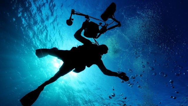 Seorang fotografer menyelam sambil membawa kameranya untuk memotret di dalam air. Foto: Pixabay