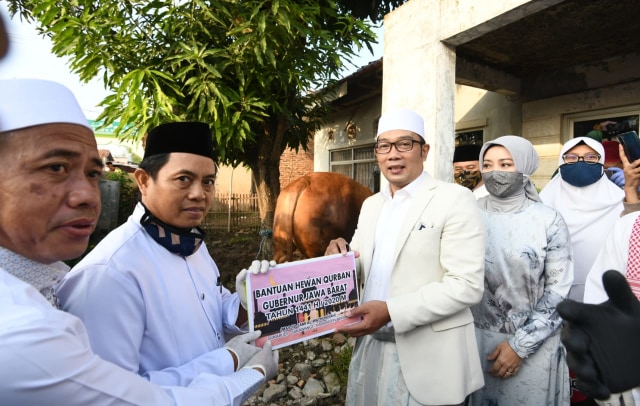 Gubernur Jabar, Ridwan Kamil menyerahkan sapi kurban yang diberi nama 'Ade Rai' di Masjid Jamie Al-Wathoniyah, Desa Sukabudi Kecamatan Sukawangi, Kabupaten Bekasi, Jumat (31/7/2020). (Foto: Diskominfo Jabar/Humas Jabar)