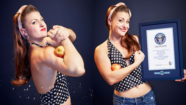 Linsey Lindberg, perempuan perkasa yang mampu pecahkan apel dengan lengan. Foto: dok. Guinness World Records
