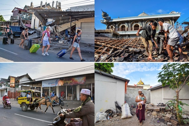 Foto kolase pascagempa 6 Agustus 2018 (atas) dan dua tahun setelah bencana gempa (bawah) di Lombok, NTB, Rabu (5/8). Foto: Ahmad Subaidi/ANTARA FOTO