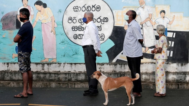 Seekor anjing berada di samping warga yang antre saat melakukan pemungutan suara di salah satau tempat pemungutan suara di Kolombo, Sri Lanka, Kamis (5/8). Foto: Dinuka Liyanawatte/Reuters