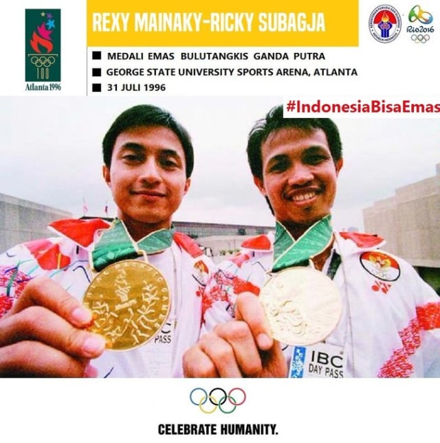 Ricky Subagja(kiri) dan Rexy Mainaky(kanan) ,pebulutangkis ganda putra pertama peraih medali emas Olimpiade. Foto: Twitter/ @Kemenpora_RI