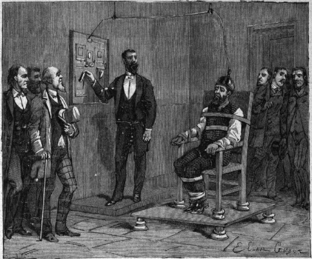 Ilustrasi eksekusi mati William Kemmler dengan kursi listrik pada 6 Agustus 1890. Foto: Dok. Wikimedia Commons.