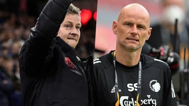 Ole Gunnar Solskjaer dan Stale Solbakken. Foto: Rebecca Naden/REUTERS & Sascha Steinbach / POOL / AFP