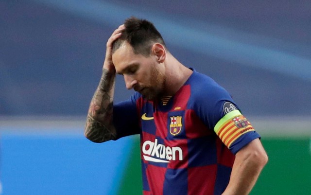Ekspresi pemain Barcelona, Lionel Messi saat pertandingan melawan Bayern Muenchen. Foto: Manu Fernandez/Reuters