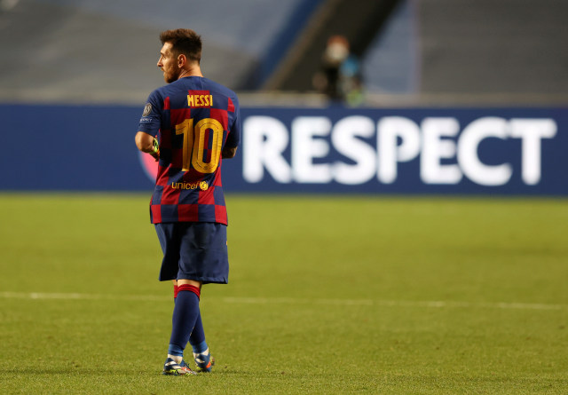 Ekspresi pemain Barcelona, Lionel Messi saat pertandingan melawan Bayern Muenchen. Foto: Rafael Marchante/Reuters