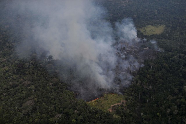 Kepulan asap di daerah hutan Amazon saat dibersihkan oleh para penebang dan petani di dekat Porto Velho, Negara Bagian Rondonia, Brazil. Foto: Ueslei Marcelino/Reuters