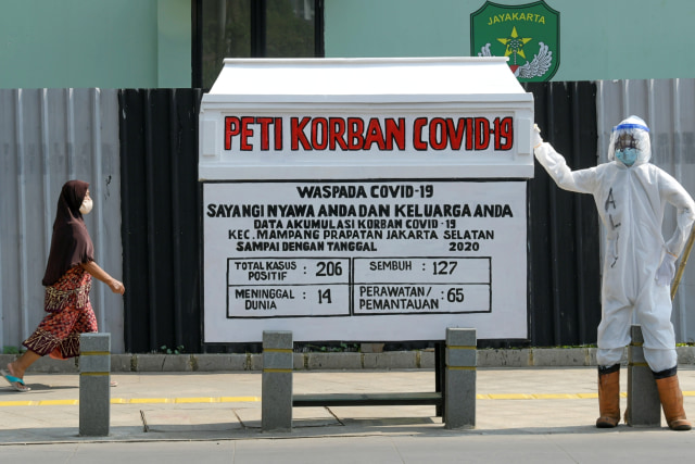 Warga melintas di samping replika peti mati dengan petugas yang menggunakan APD di kawasan Kemang, Jakarta, Minggu (16/8/). Foto: Galih Pradipta/ANTARA FOTO