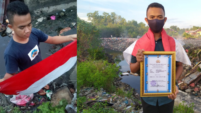 AMAR Hawari (18), saat mengambil dan menyelamatkan sang saka bendera Merah Putih yang hanyut di aliran sungai dekat Tempat Pembuangan Sampah (kiri). Amar saat menerima piagam penghargaan dari Kapolres Kepulauan Meranti, AKBP Eko Wempiyanto.   