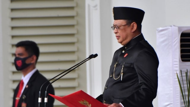 Ketua MPR Bambang Soesatyo pada upacara peringatan HUT ke-75 RI yang digelar secara virtual, di Istana Merdeka, Jakarta, Senin (17/8). Foto: Biro Sekretariat Presiden