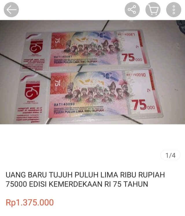 Screenshot uang Rp 75 ribu yang dijual jutaan rupiah di Shopee. Foto: kumparan