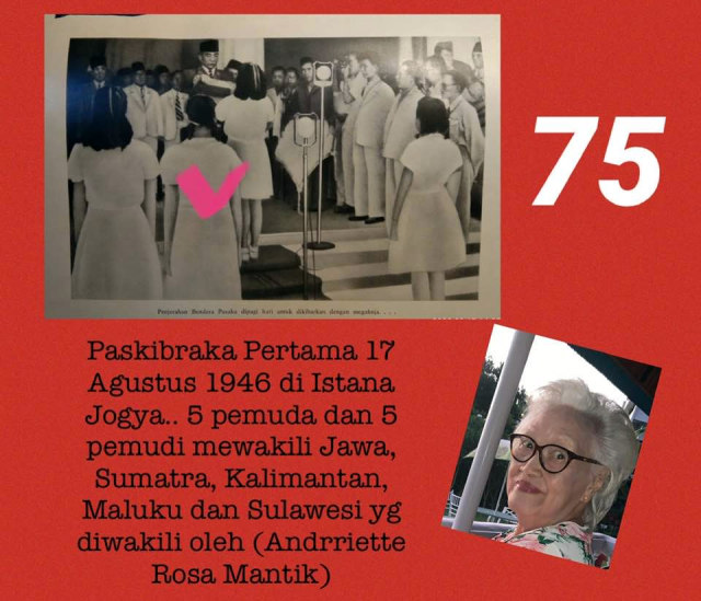 Foto kenangan yang dibagikan oleh anak dari Andrriette Rosa Mantik, Paskibraka pertama di Hari Ulang Tahun perdana Republik Indonesia tahun 1946 (foto: istimewa)