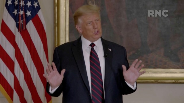 Presiden Amerika Serikat Donald Trump berbicara melalui video selama siaran Konvensi Nasional Partai Republik 2020 secara virtual di Washington, Amerika Serikat. Foto: Republican National Convention/via REUTERS