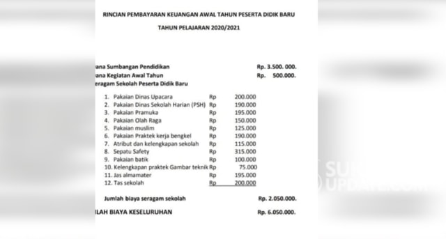 Tangkapan layar surat edaran tentang rincian pembayaran keuangan awal tahun peserta didik baru tahun pelajaran 2020/2021 di SMK Negeri 4 di Kota Sukabumi. | Sumber Foto:Istimewa