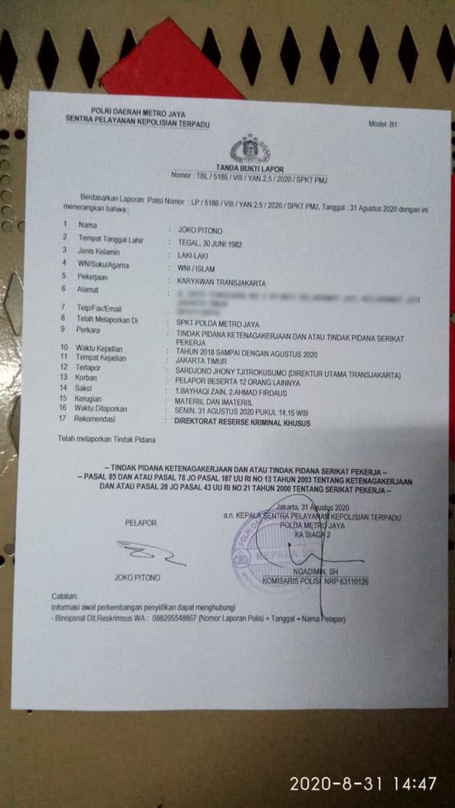 Serikat Pekerja PT Transportasi Jakarta melaporkan Direktur Utama Transjakarta, Sardjono Jhony Tjitrokusumo ke Polda Metro Jaya. Foto: Dok. Istimewa