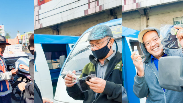 Pembagian hand sanitizer dan masker kepada para sopir angkutan umum dan juru parkir