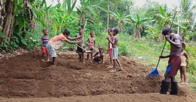 Anak muda di Kampung Mlaswat sedang bekerja di kebun kampung mereka di kampung Mlaswat. Foto: dok. EcoNusa.