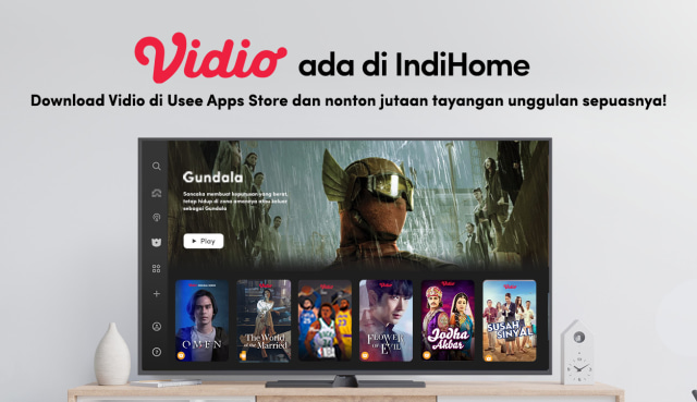 Hanya dengan mengunduh aplikasi Vidio di Usee Apps Store Hybrid Box IndiHome, pelanggan IndiHome akan mendapat layanan gratis Vidio Premier hingga 30 hari untuk menonton konten-konten premium. Foto: dok. Telkom Indonesia