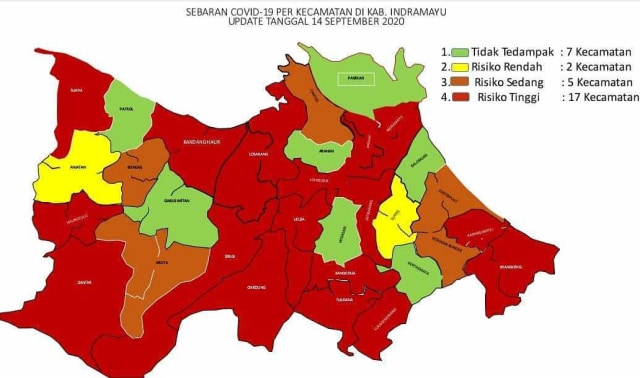Peta sebaran kasus COVID-19 di Kabupaten Indramayu. (Diskominfo Indramayu)