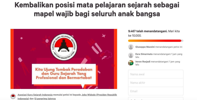Petisi dari Asosiasi Guru Sejarah Indonesia (AGSI) meminta mapel Sejarah dikembalikan menjadi mapel wajib siswa SMA/SMK . Foto: Dok. change.org