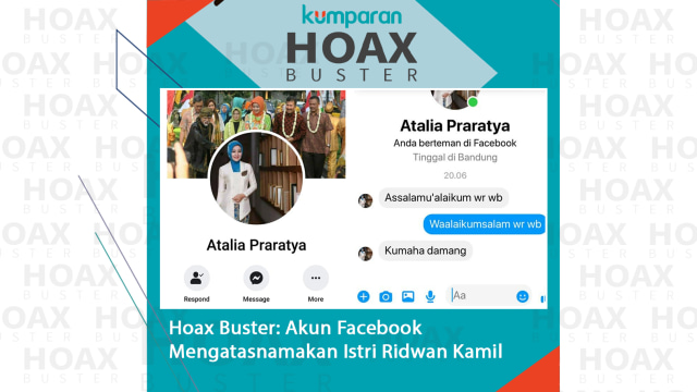 Hoax Buster: Akun Facebook Mengatasnamakan Istri Ridwan Kamil. Foto: Facebook