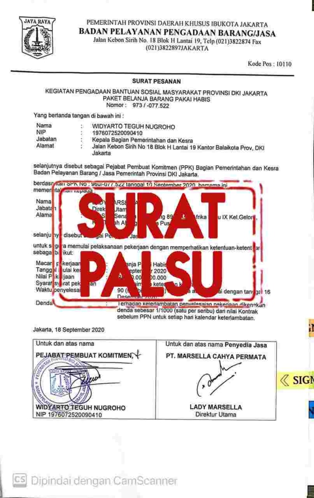 Surat palsu mengatasnamakan BPPBJ DKI Jakarta. Foto: Pemprov DKI Jakarta