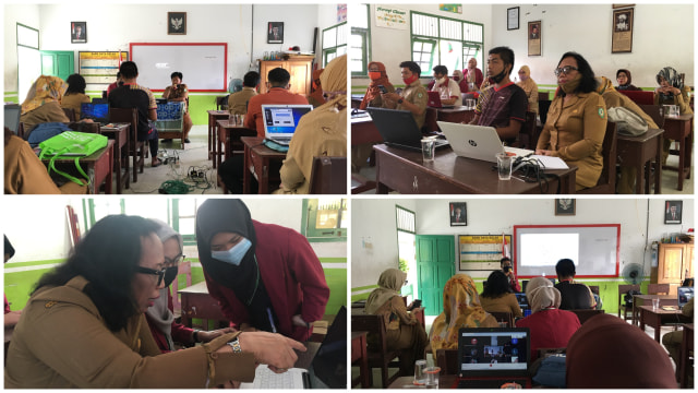 Mahasiswa PMM UMM membimbing guru-guru SDN 6 MB Hulu mengenai penggunaan media elektronik sebagai alternatif belajar di masa COVID-19