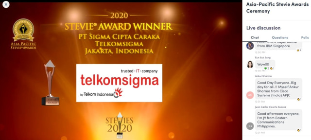 Telkomsigma raih nternational Asia Pacific Stevie Award 2020. Foto: Telkom Indonesia