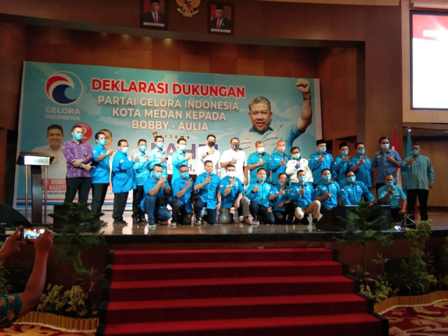 Partai Gelora saat mendeklarasikan dukungan kepada Bobby-Aulia di Pilwalkot Medan. Foto: Dok. Istimewa