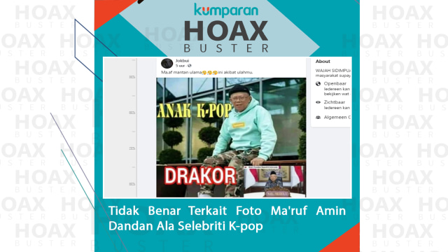 Hoax Buster: Tidak Benar Terkait Foto Ma'ruf Amin Dandan Ala Selebriti K-Pop. Foto: Facebook