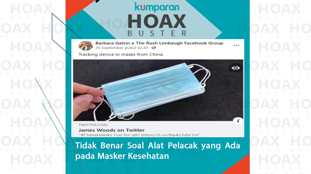 Hoax Buster: soal alat pelacak yang ada pada masker kesehatan. Foto: Facebook/barbaragalvin