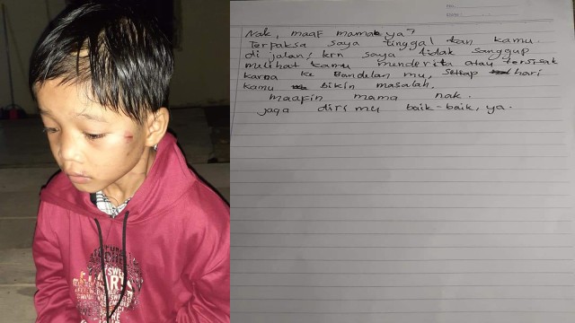 ANAK Laki-laki di sekujur tubuhnya ada bekas luka-luka serta secarik kertas tulisan tangan alasan dibuang di jalan, Senin (28/9/2020), di Pangkalan Kuras, Pelalawan, Riau. 