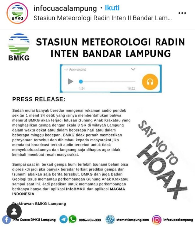 Viral Audio Peringatan Gempa dan Letusan Krakatau, Pemprov dan BMKG: Hoaks (191134)