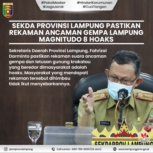 Sekda Provinsi Lampung Fahrizal Darminto tegaskan bahwa audio berisi peringatan ancaman gempa 8 SR adalah hoax, Selasa (29/9) | Foto : Pemprov Lampung