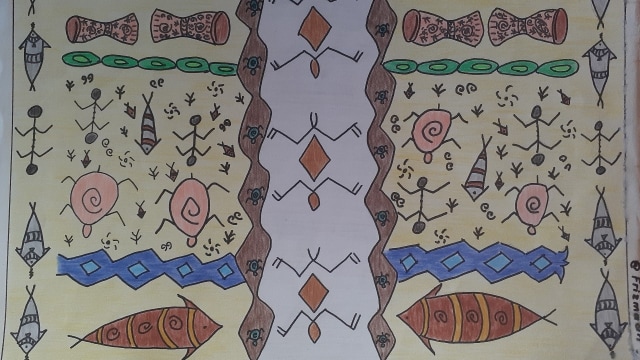 Lukisan siswa SMPN 1 Sentani, Kabupaten Jayapura yang terinspirasi dari motif megalitik Tutari. (Dok Balai Arkeologi Papua/Hari Suroto)