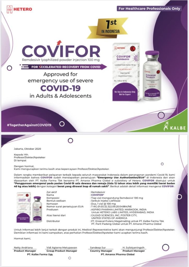 Covifor atau remdesivir untuk obat corona yang diimpor PT Kalbe Farma Tbk dari India. Foto: Dok. Istimewa