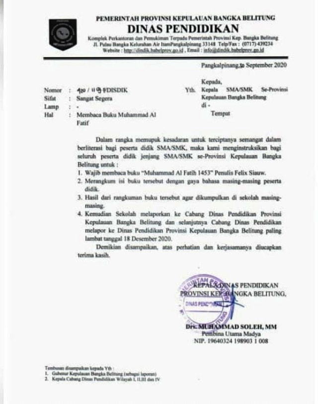 Surat dari Dinas Pendidikan Bangka Belitung yang diduga  menginstruksikan siswa baca buku milik Felix Siauw, beredar di jagat media sosial.