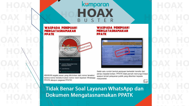 Hoax Buster: Soal Layanan WhatsApp dan Dokumen Mengatasnamakan PPATK.
 Foto: PPATK Indonesia