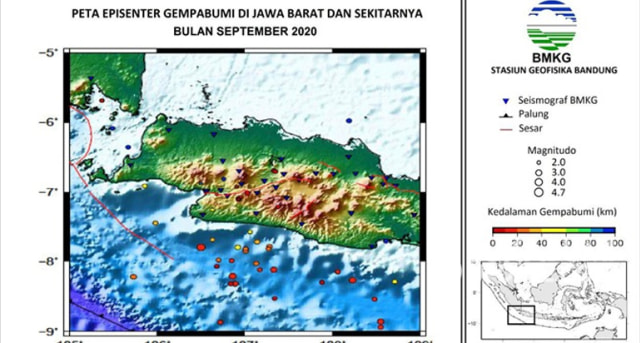 Sebaran titik gempa di perairan selatan Jawa Barat selama September 2020. | Sumber Foto:BMKG