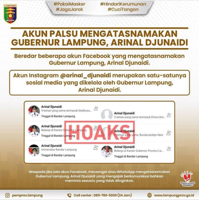 Keterangan pemprov Lampung terkait adanya sejumlah akun Facebook dengan nama Arinal Djunaidi, Senin (5/10) | Foto : Instalagram Pemprov Lampung