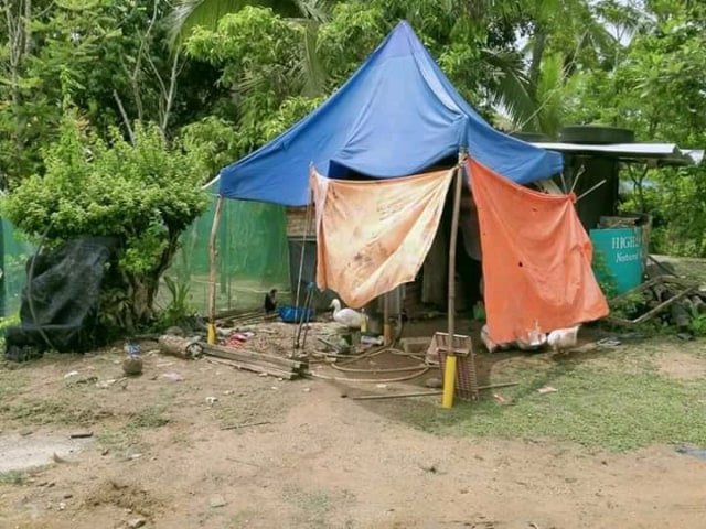 Kisah keluarga Raudzan dan sang istri yang mampu sekolahkan enam orang anak walau rumah hanya beratap terpal plastik. Foto: Facebook / Bro Misai