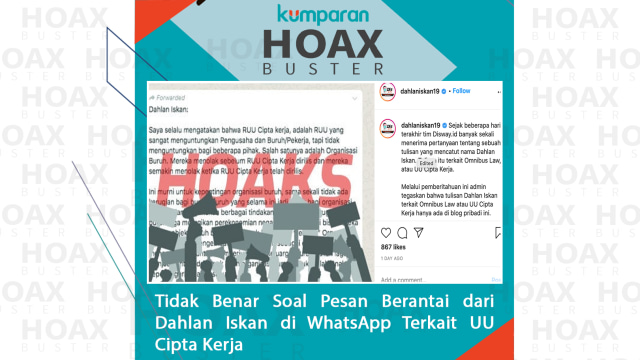 Hoax Buster: Tidak benar soal pesan berantai dari Dahlan Iskan di WhatsApp terkait UU Cipta Kerja. Foto: Instagram/@dahlaniskan19